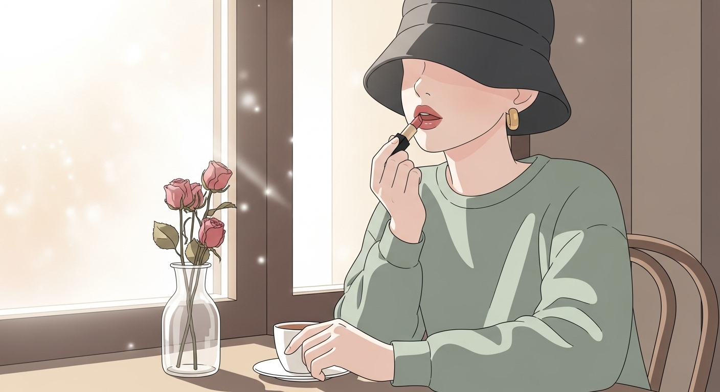마른-장미가-꽂힌-화병이-놓인-테이블과-캐릭터의-우아한-모습