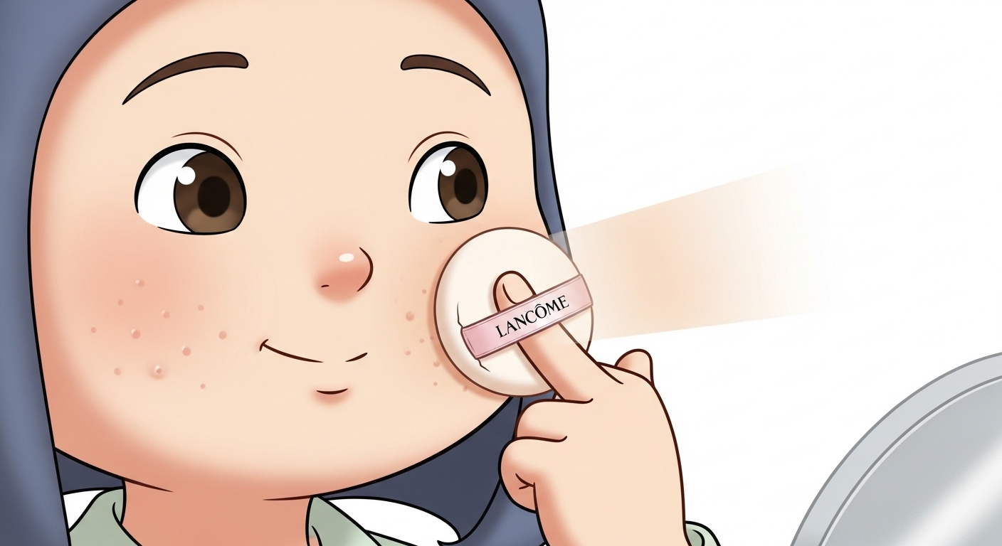 거울을-보며-모공과-요철이-보이는-피부에-파우더-퍼프를-대는-캐릭터