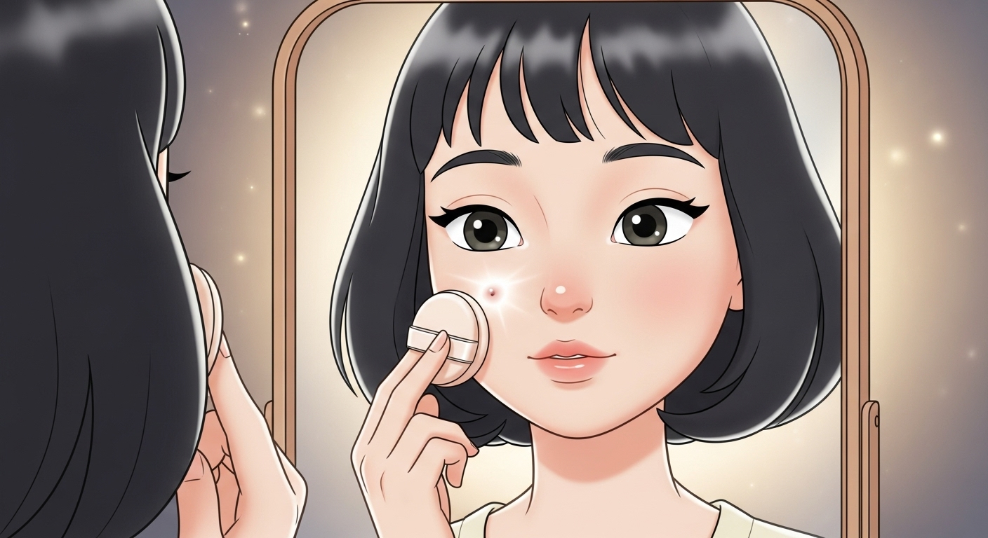 귀여운-캐릭터가-쿠션-퍼프로-얼굴의-잡티-부분을-커버하는-모습