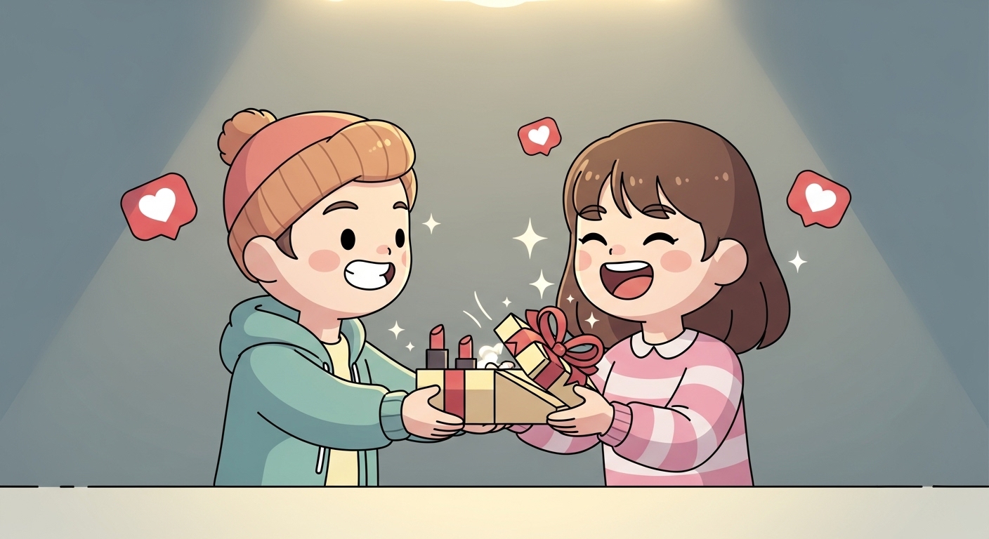 친구에게-리본으로-포장된-랑콤-립스틱을-선물하는-귀여운-캐릭터