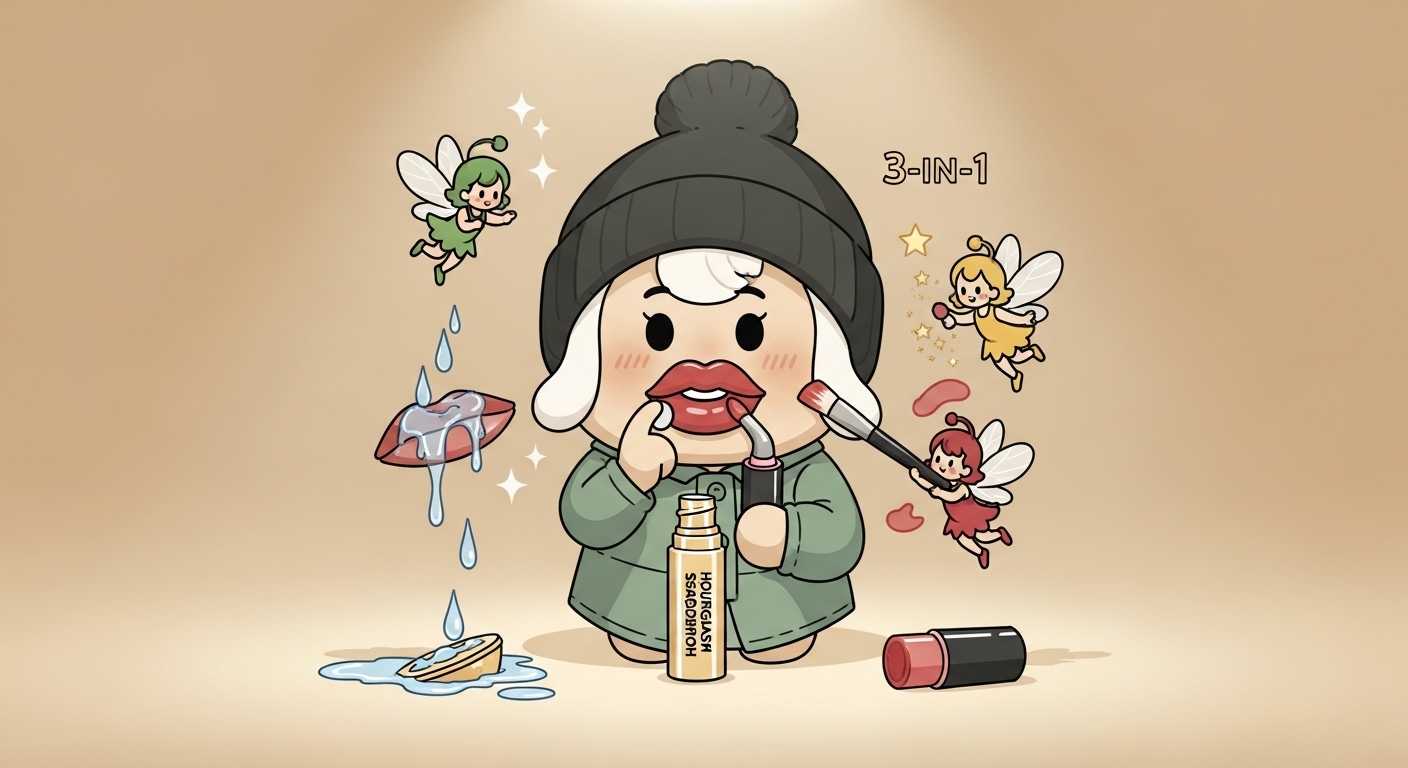 랑콤-립스틱을-바른-후-촉촉해진-입술을-보며-행복하게-미소-짓는-캐릭터