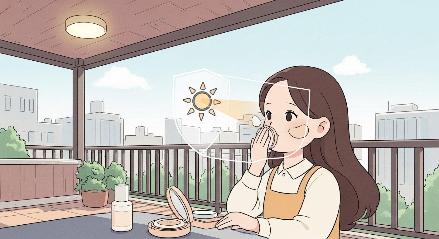 쿠션을-바르자-캐릭터-얼굴-주변에-투명한-보호막이-생겨-햇빛을-차단하는-상황