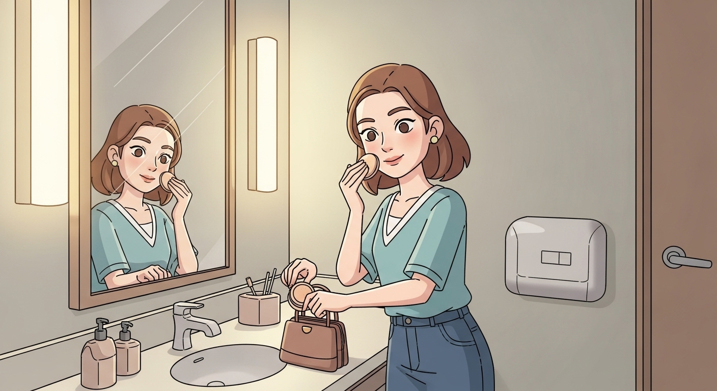 작은-핸드백에서-컴팩트한-오휘-미니-쿠션을-꺼내는-귀여운-캐릭터