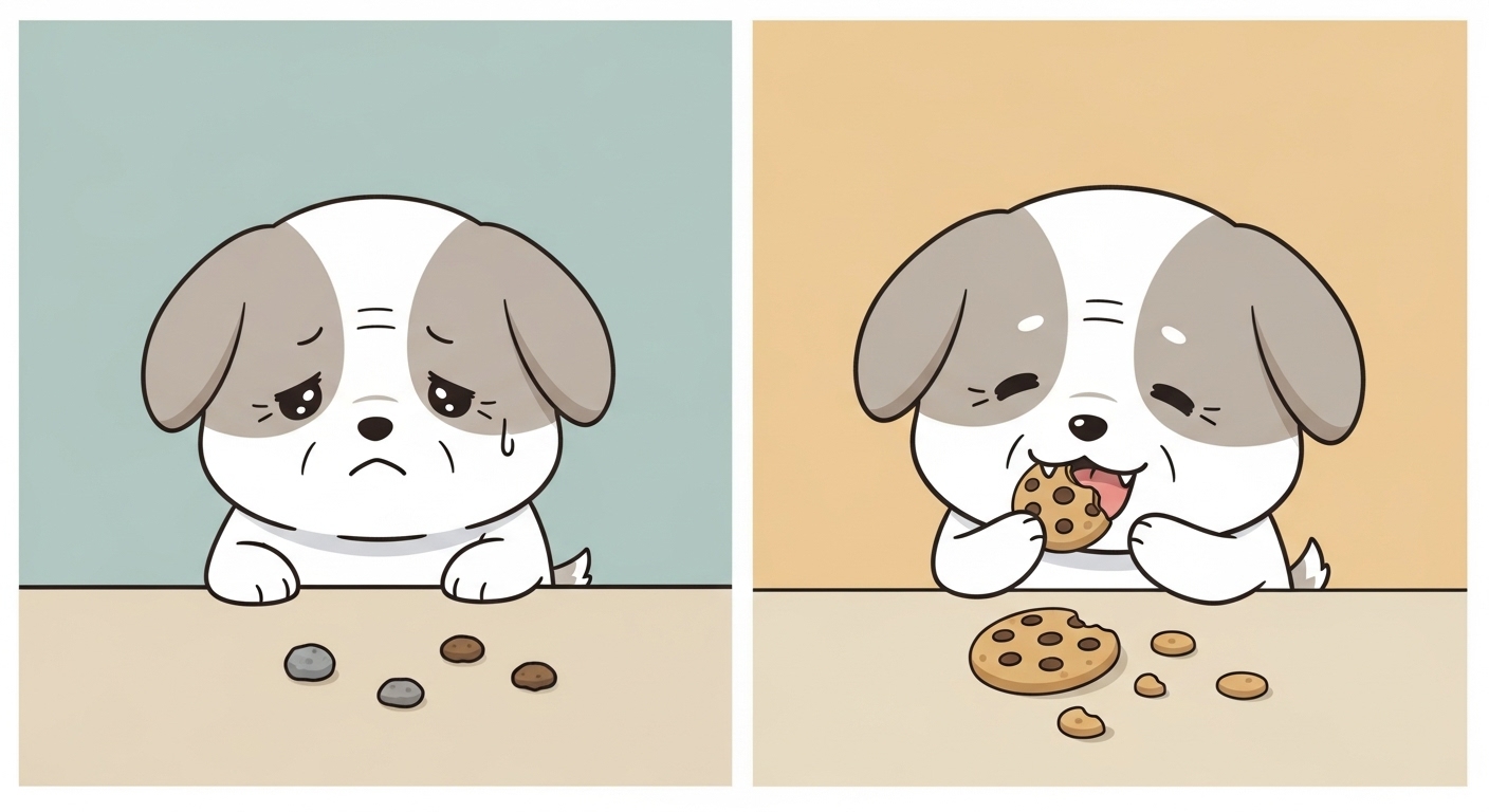 사료를-한-입-먹고-눈이-하트로-변하며-맛있게-먹기-시작하는-강아지