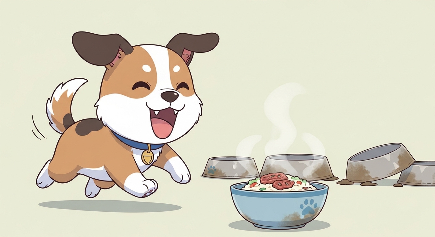 맛있는-김이-나는-밥그릇을-향해-꼬리를-흔들며-달려가는-강아지