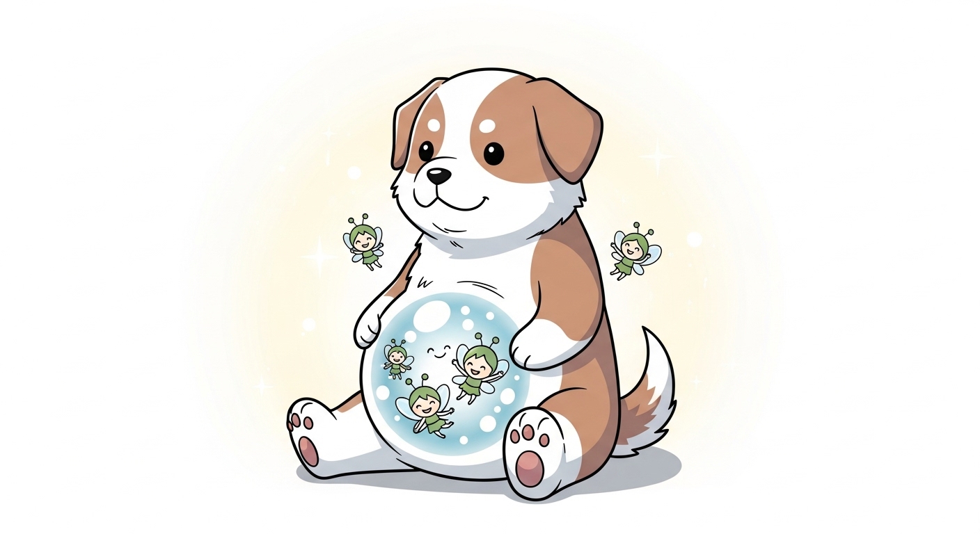 배-속에서-유산균-요정들이-활기차게-움직이는-강아지-캐릭터의-모습
