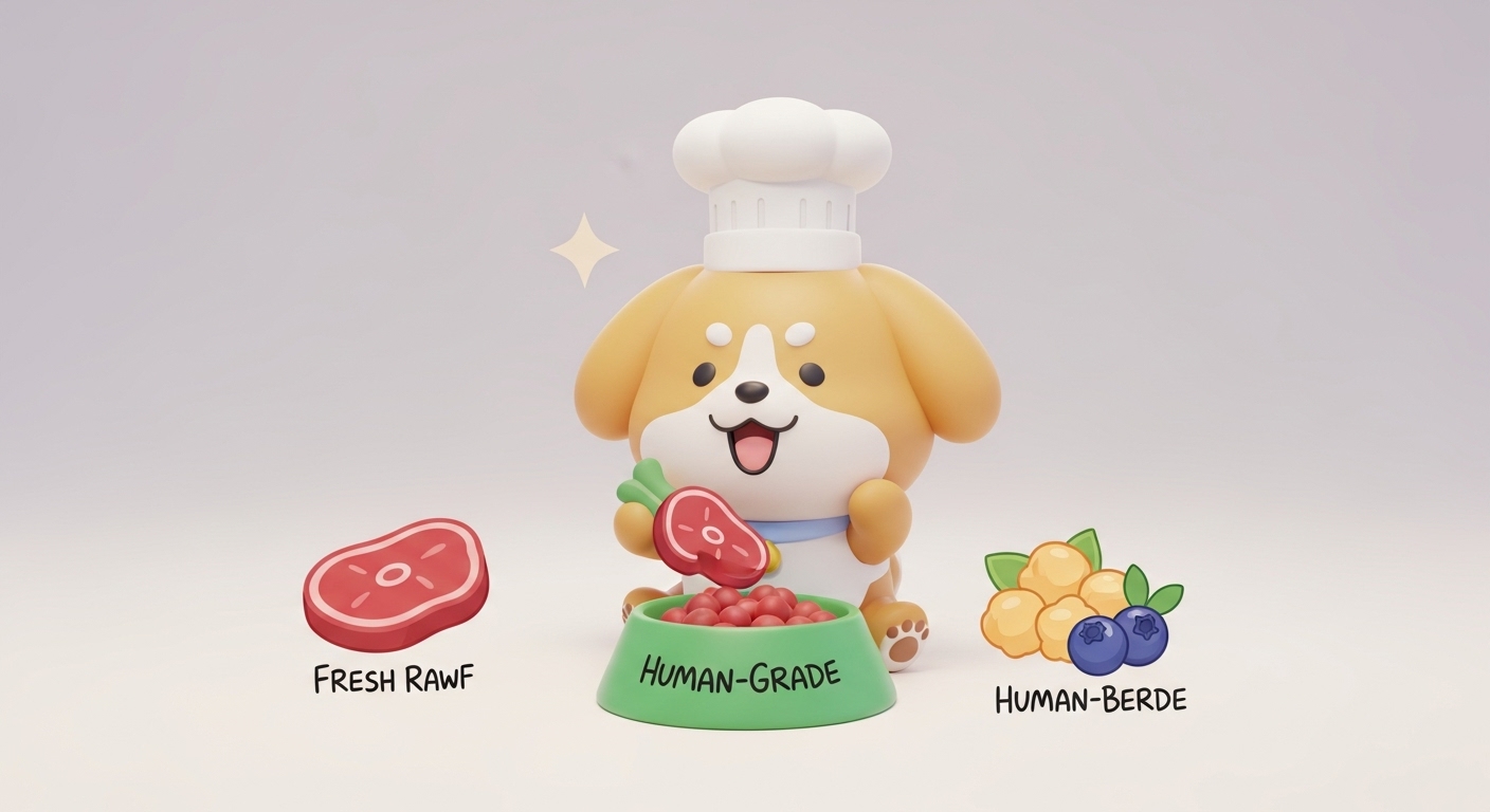 셰프-모자를-쓴-귀여운-강아지-캐릭터가-신선한-재료들을-바라보는-모습