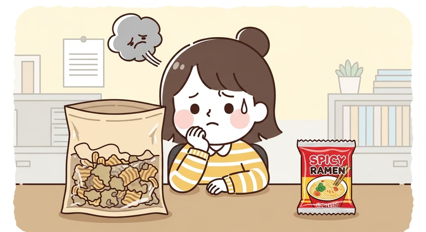 사무실-책상에서-눅눅해진-과자-때문에-고민하는-귀여운-캐릭터
