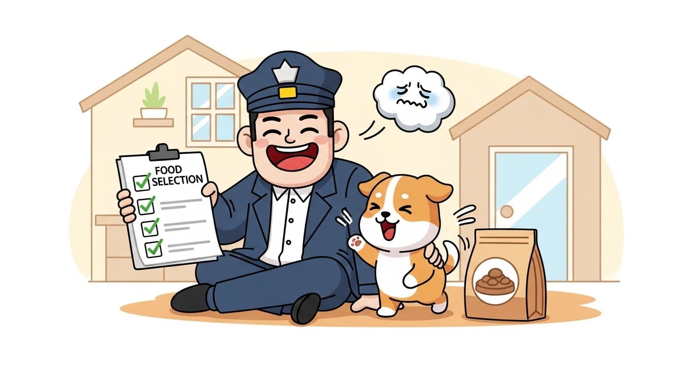 사료-선택-체크리스트를-들고-웃고-있는-보호자-캐릭터와-옆의-강아지