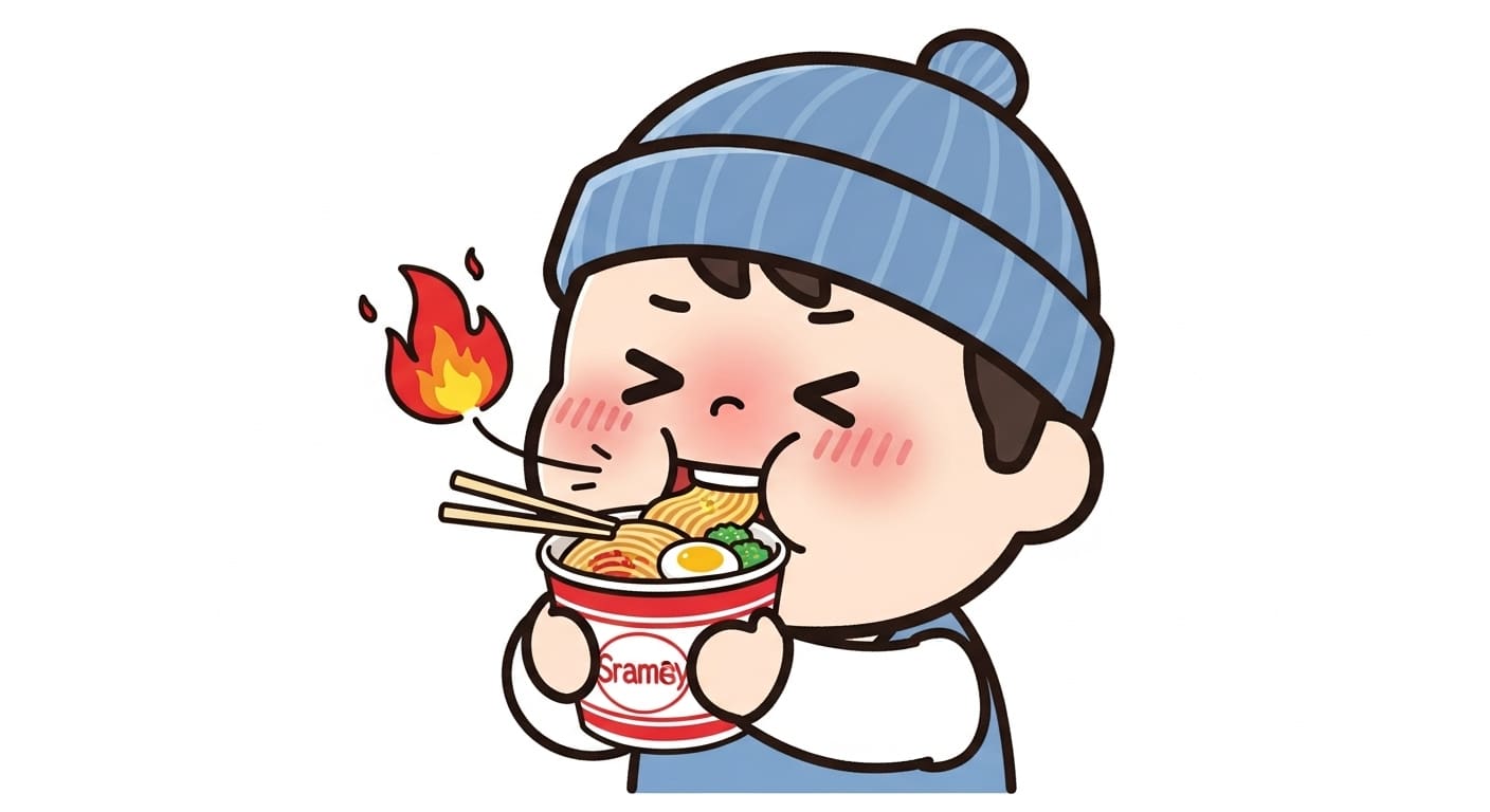 라면과자를-한-입-베어-물고-얼굴이-살짝-빨개진-귀여운-캐릭터