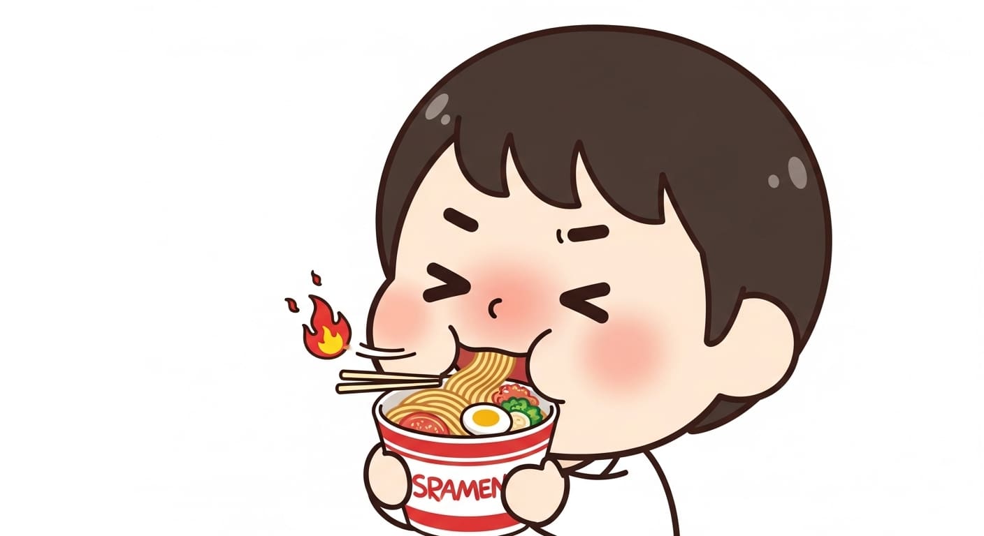 매콤달콤한-맛을-즐기며-행복한-표정을-짓는-캐릭터와-작은-불꽃-아이콘