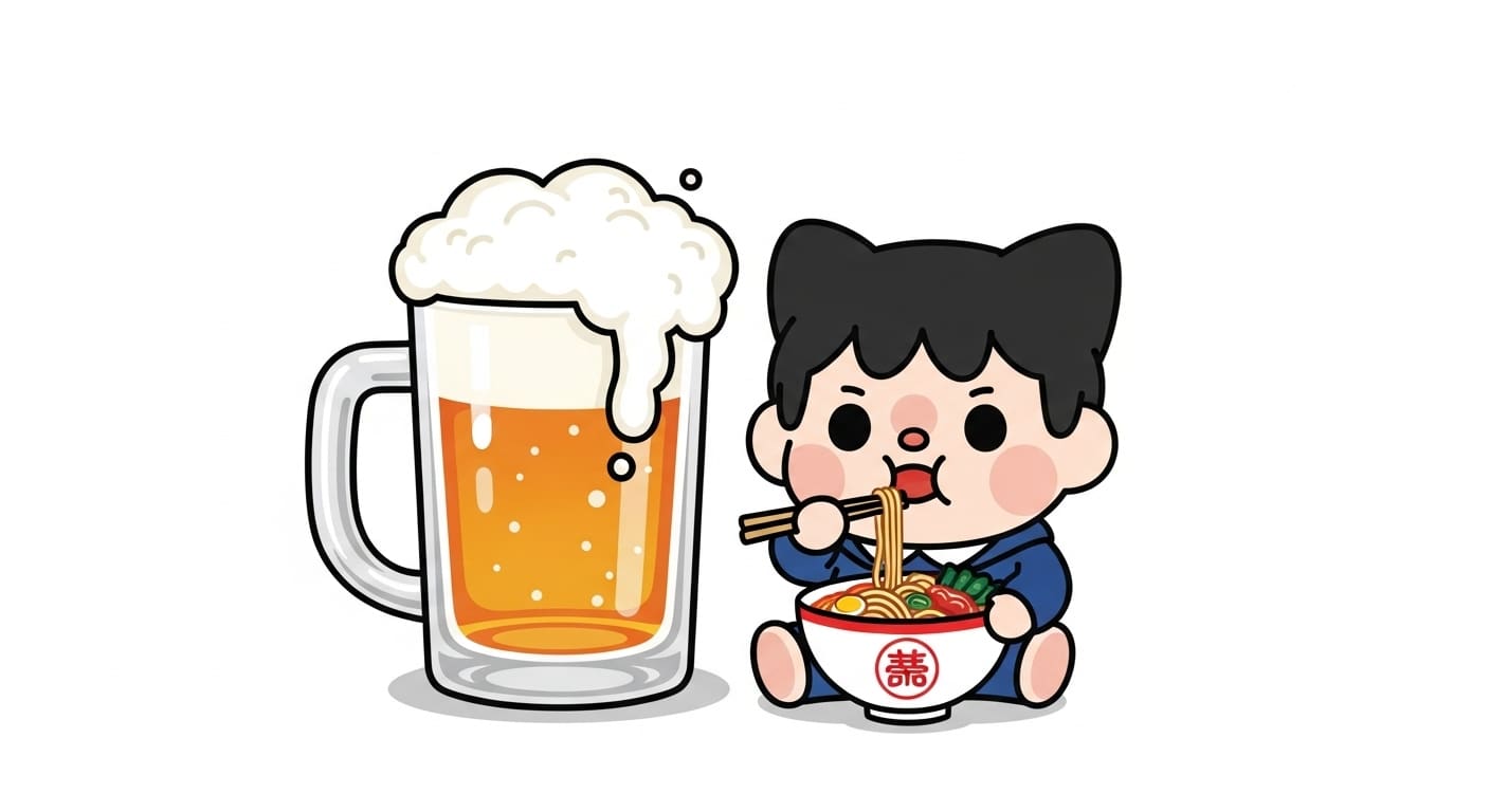 시원한-맥주-잔-옆에서-라면과자를-맛있게-먹는-캐릭터