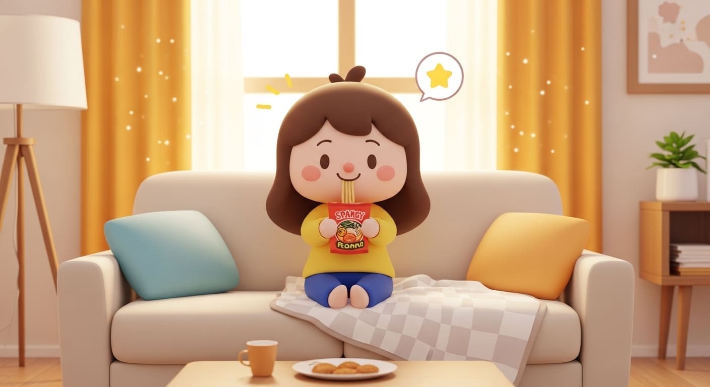 바쁜-하루를-마치고-소파에-앉아-라면과자를-먹는-캐릭터