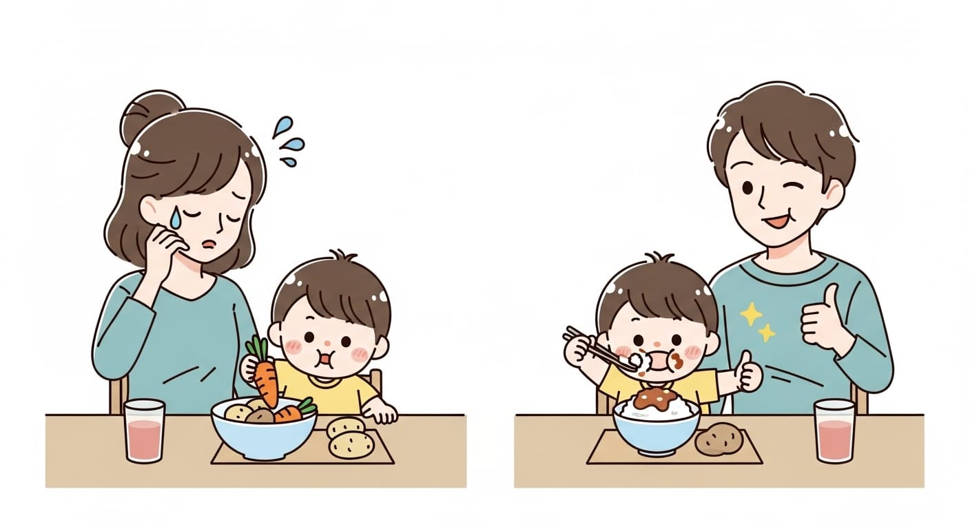 식탁에서-채소를-골라내는-아이와-한숨-쉬는-부모-캐릭터