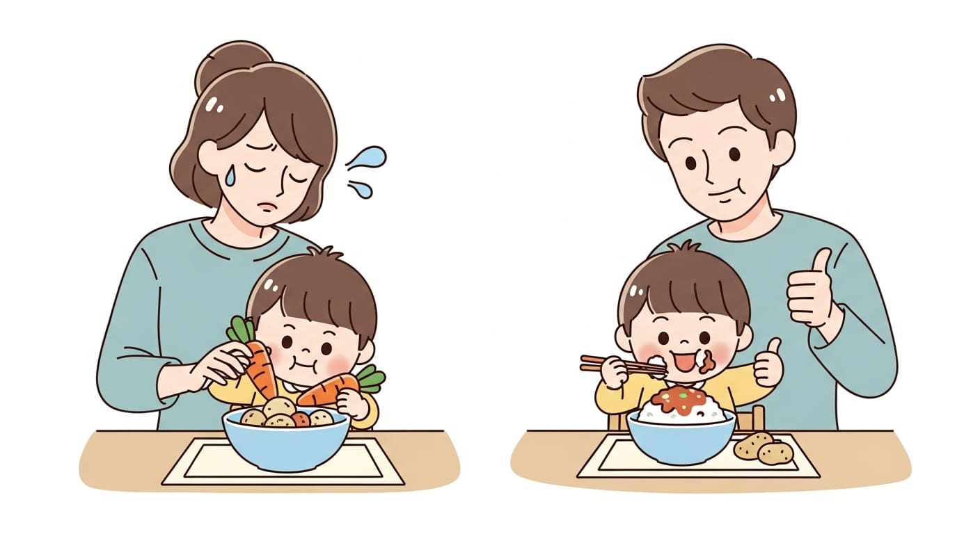 하이라이스를-싹싹-비우고-엄지를-드는-아이와-뿌듯해하는-부모