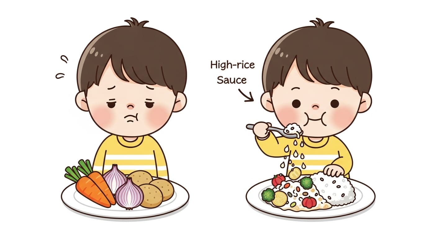 하이라이스-소스와-함께-채소를-맛있게-먹는-아이-캐릭터