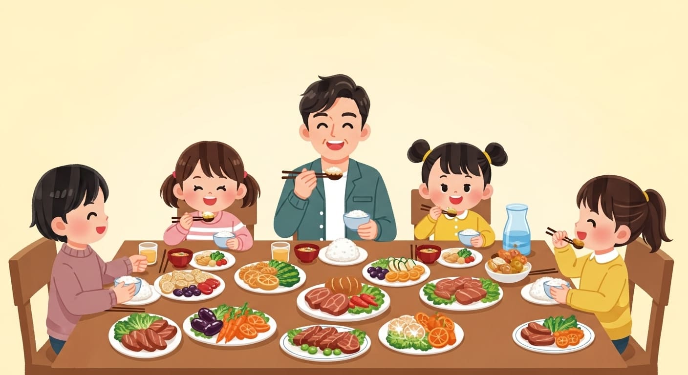 부모-캐릭터와-아이가-함께-주방에서-하이라이스를-만드는-모습