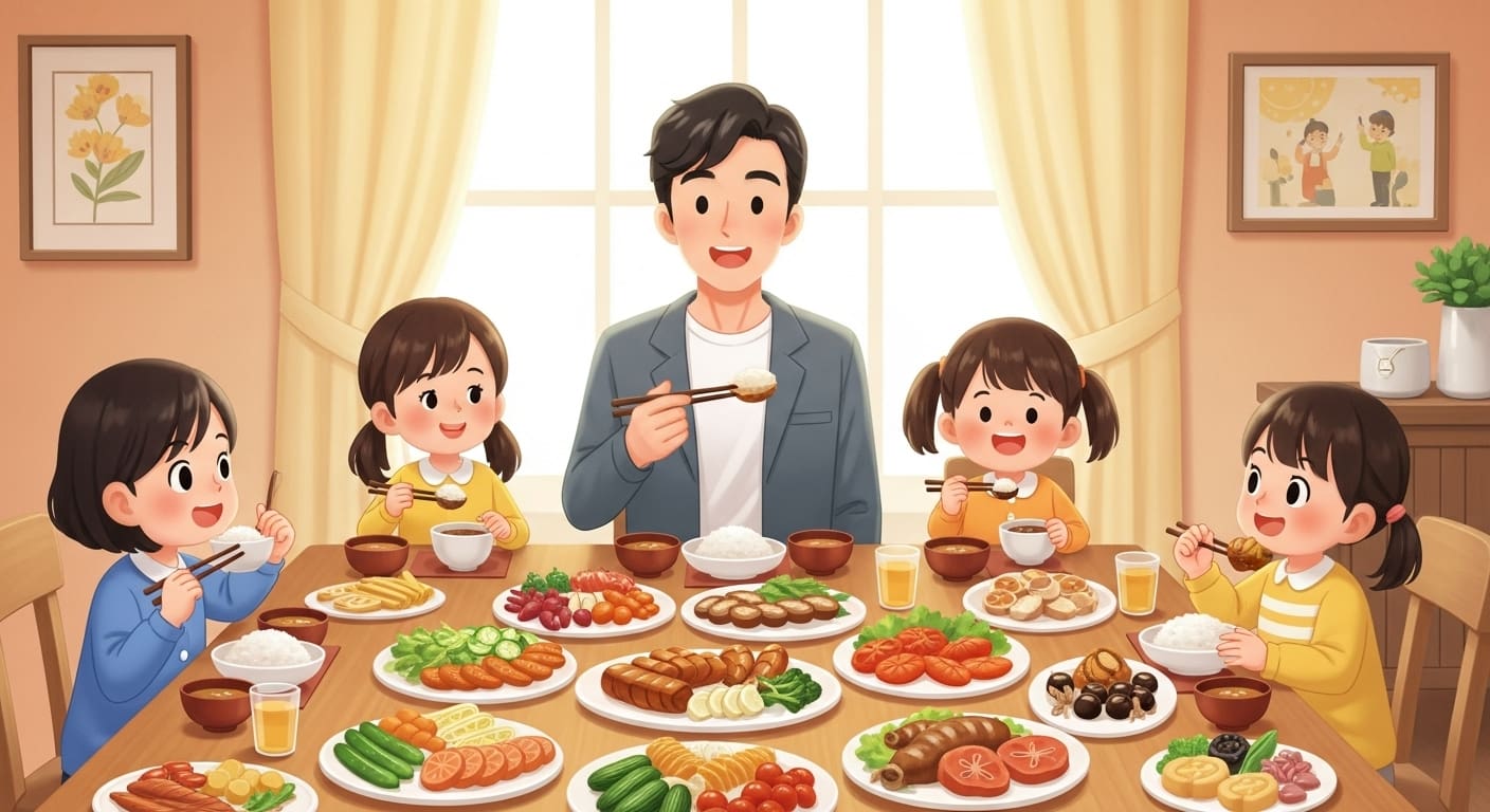 요리하는-동안-즐거워하는-부모와-아이-캐릭터의-모습