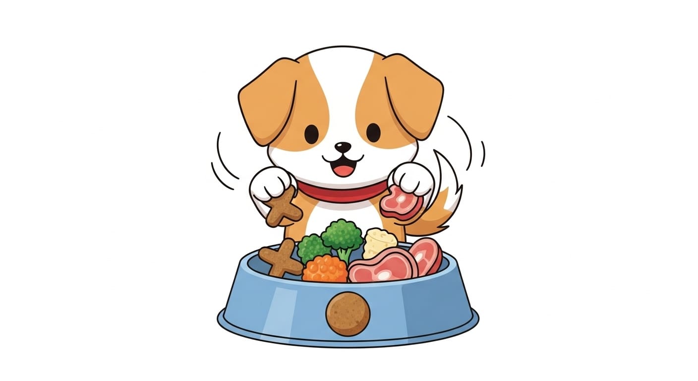 밥그릇-안에-X모양-크런치한-야채-부드러운-고기-등-다양한-사료-알갱이들