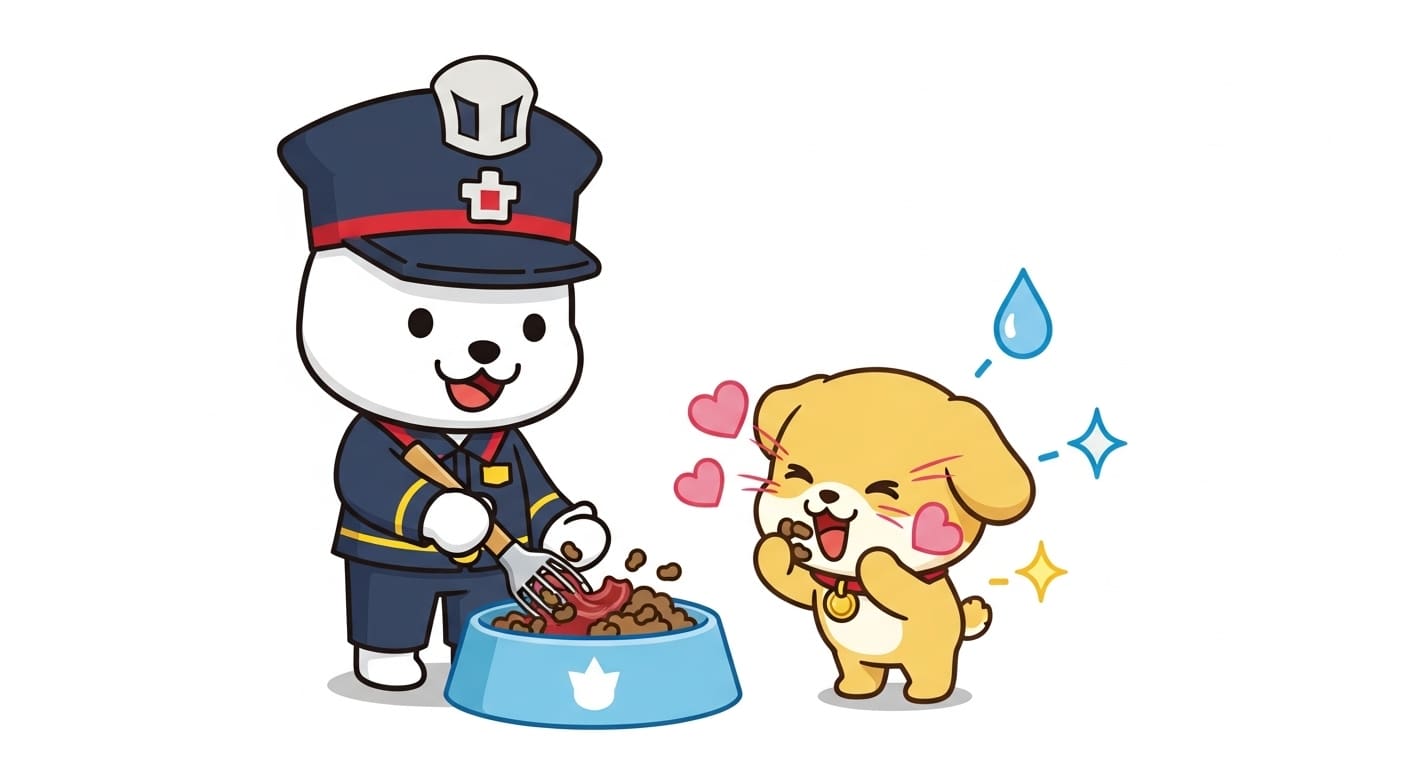 보호자-캐릭터가-건식사료에-습식사료를-섞어주는-모습
