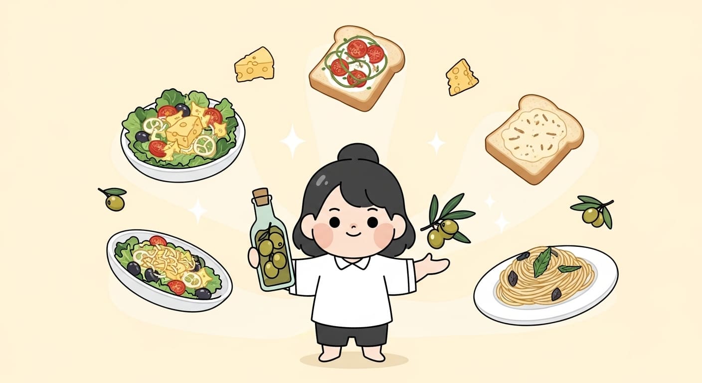 씨-없는-올리브를-포크로-찍거나-썰어-편리하게-활용하는-캐릭터