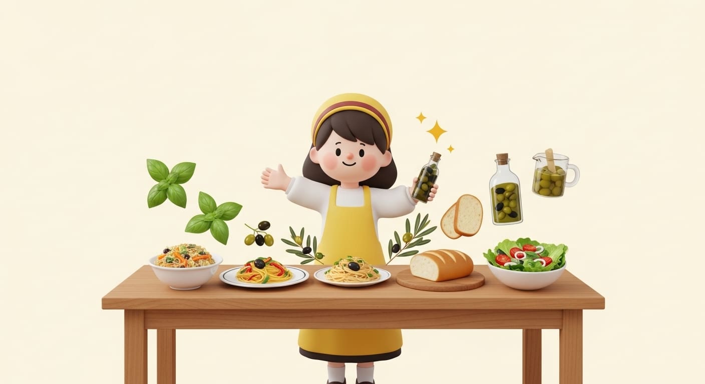 올리브를-먹으며-만족스럽게-미소-짓는-캐릭터와-주변의-별-아이콘