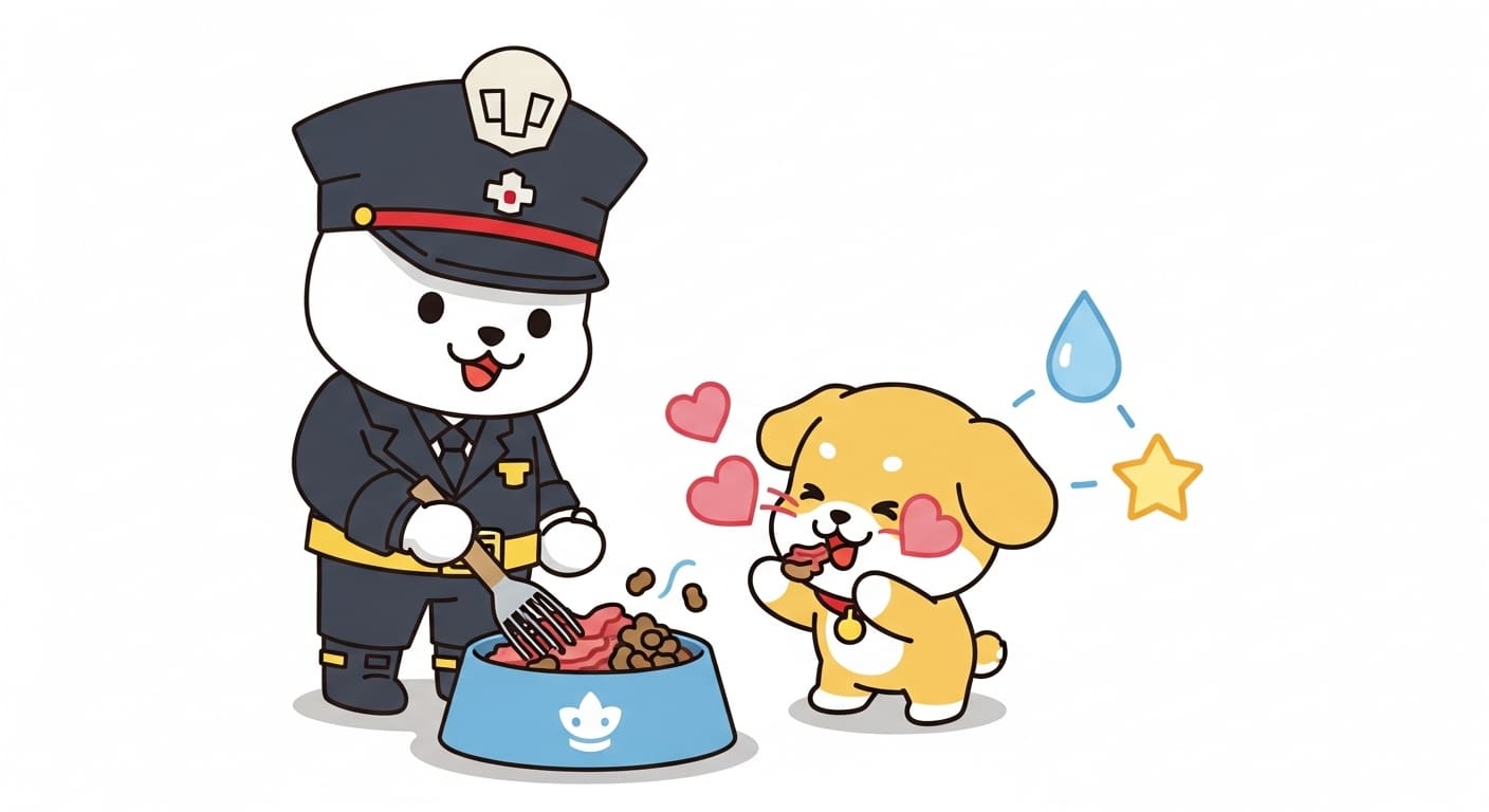 습식사료를-먹고-몸에서-물방울과-별-아이콘이-피어오르는-행복한-강아지