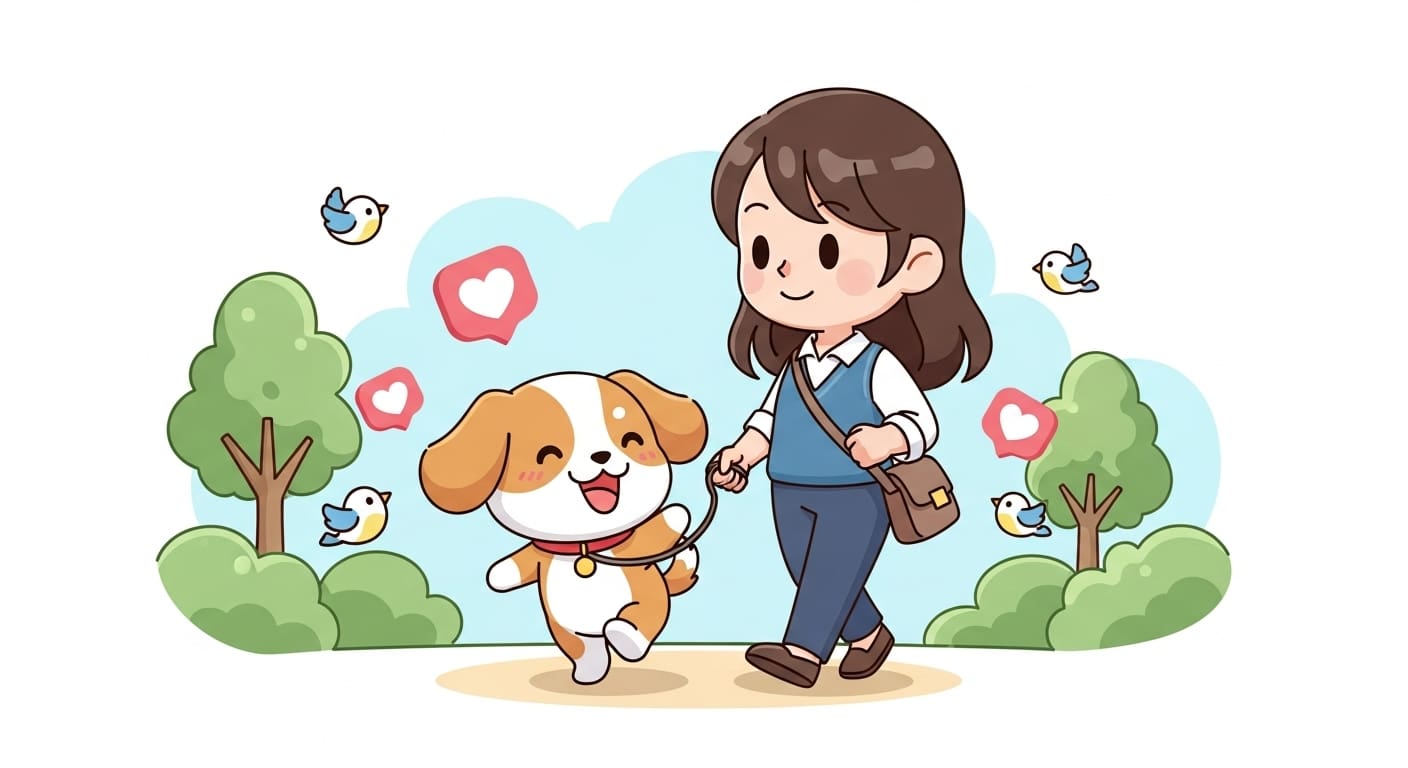 보호자와-함께-햇살-가득한-공원을-산책하는-건강한-강아지-캐릭터