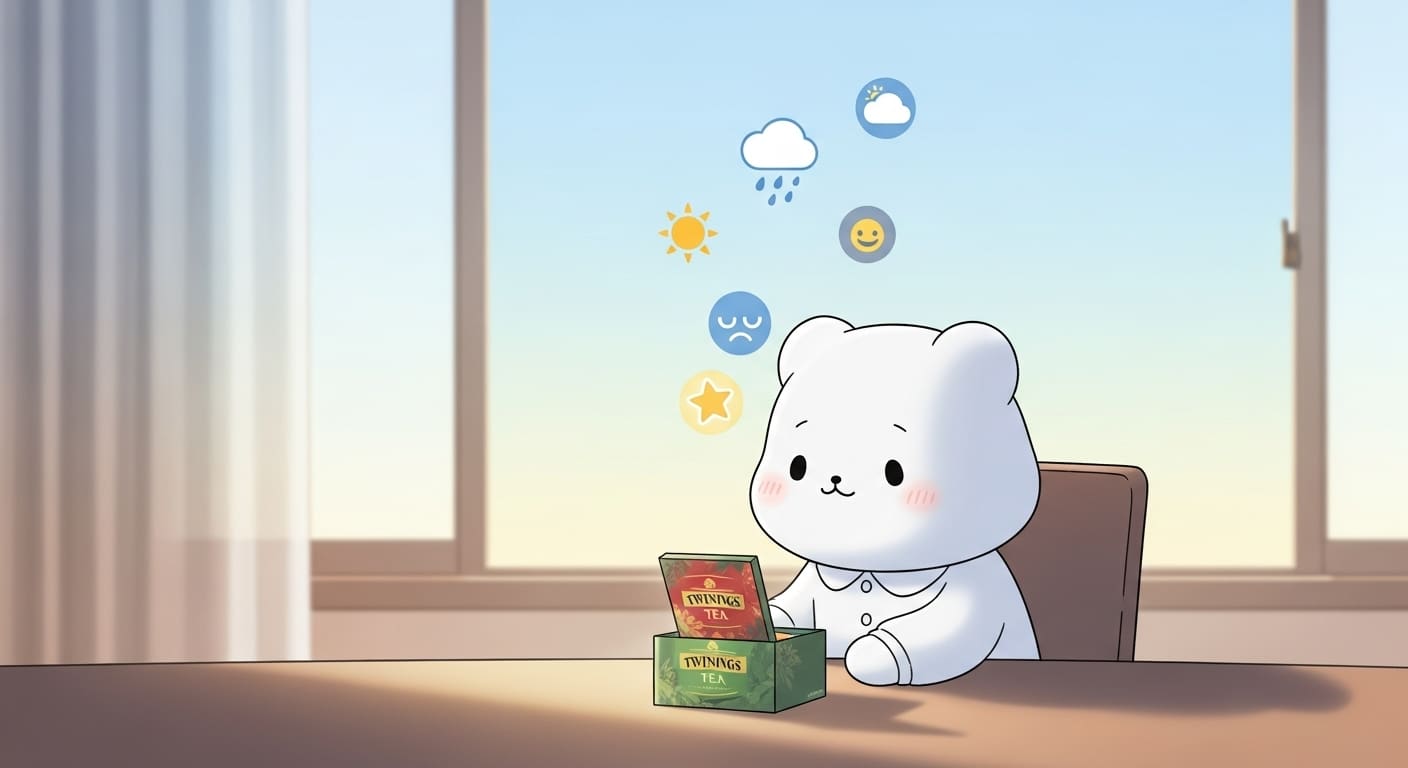 머리-위-기분-아이콘을-보며-차-컬렉션을-고민하는-귀여운-캐릭터