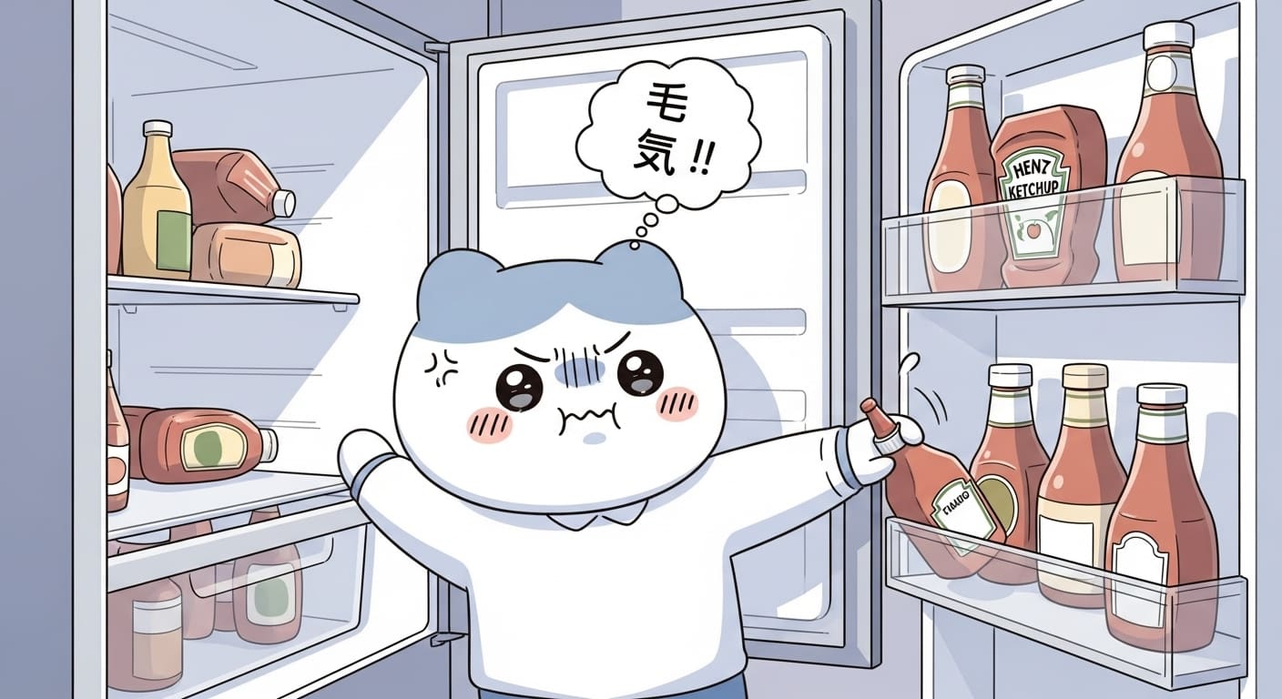 냉장고-속-수많은-케찹-병들을-보며-좌절하는-귀여운-캐릭터