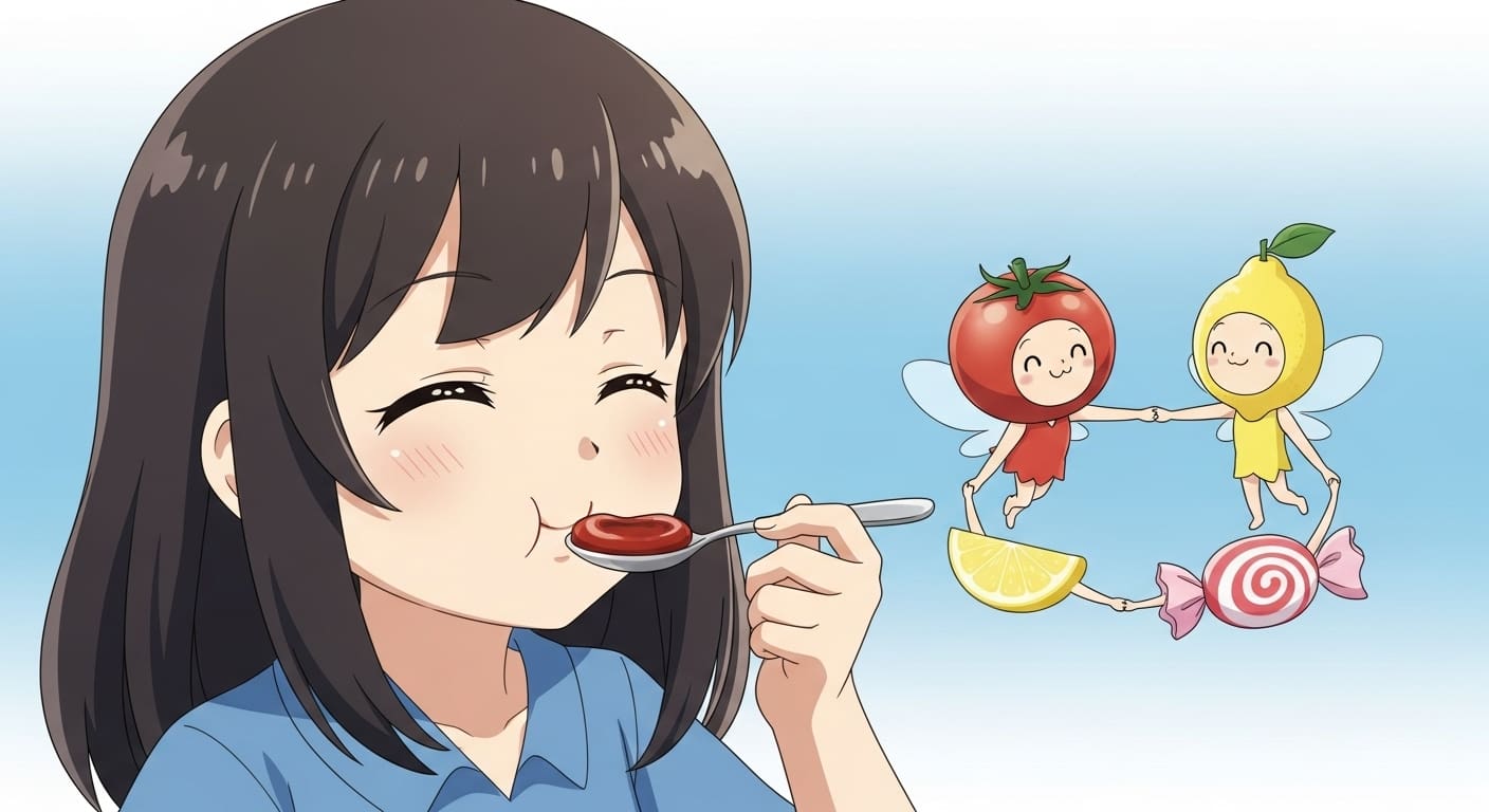 스푼으로-케찹을-맛보고-있는-귀여운-캐릭터의-모습