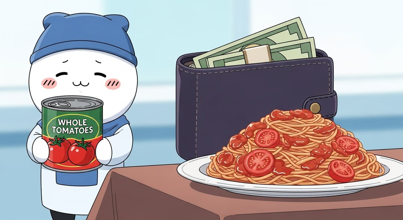 홀토마토-통조림을-들고-뒤에-두둑해진-지갑을-보며-만족하는-캐릭터