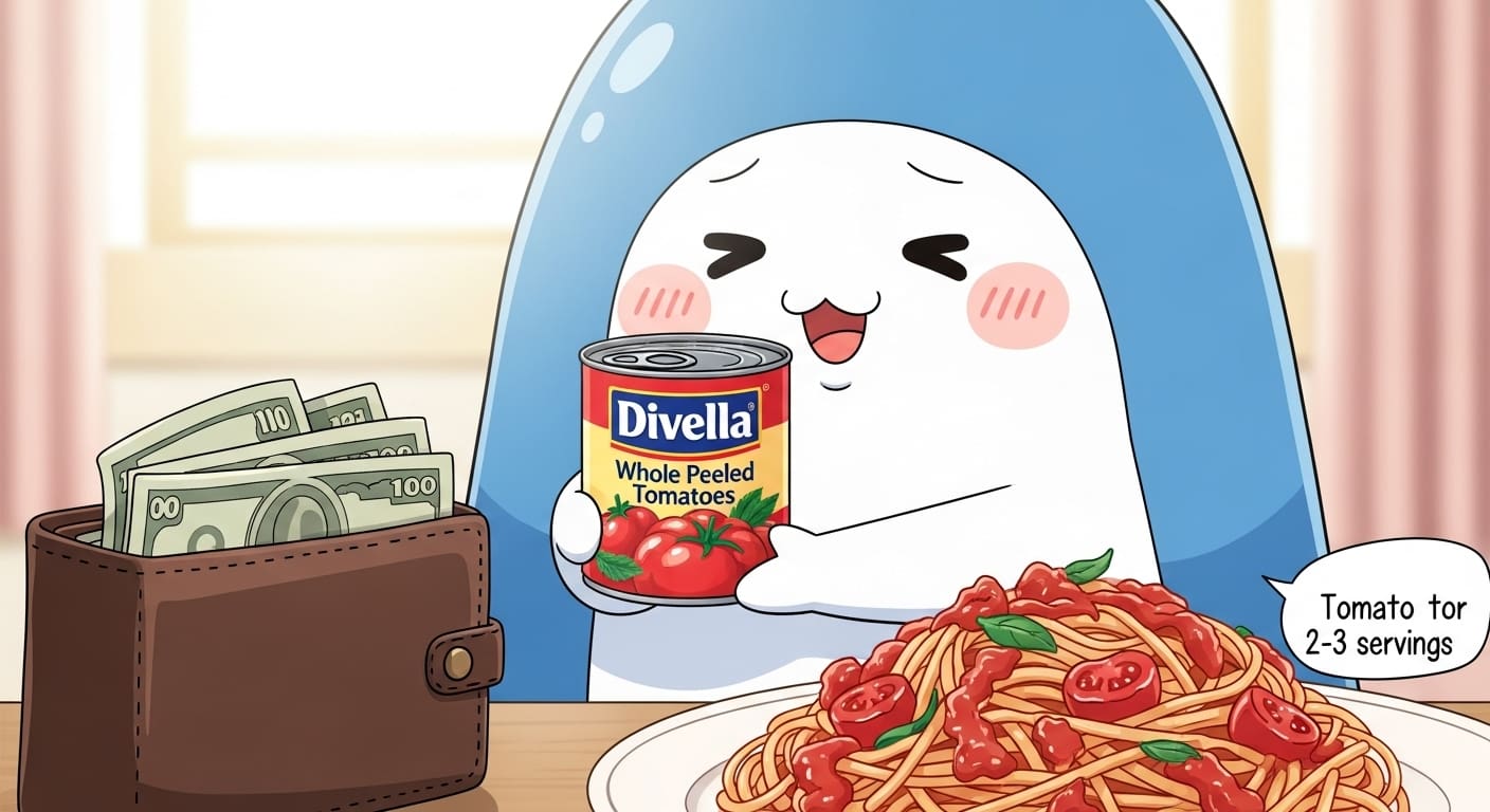 넉넉한-양으로-만들어진-토마토-파스타와-그것을-바라보는-캐릭터