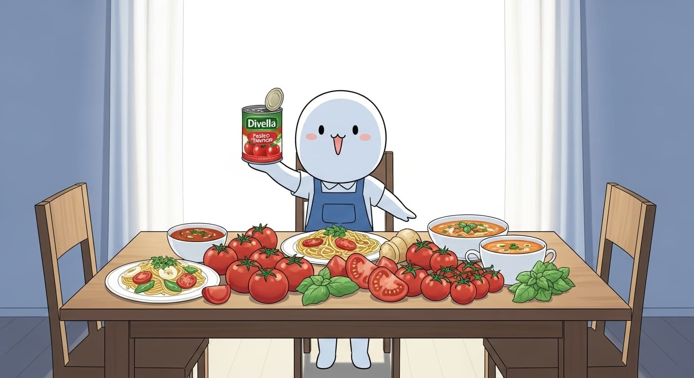 평범한-나무-식탁-앞에서-홀토마토-통조림으로-손짓하는-캐릭터
