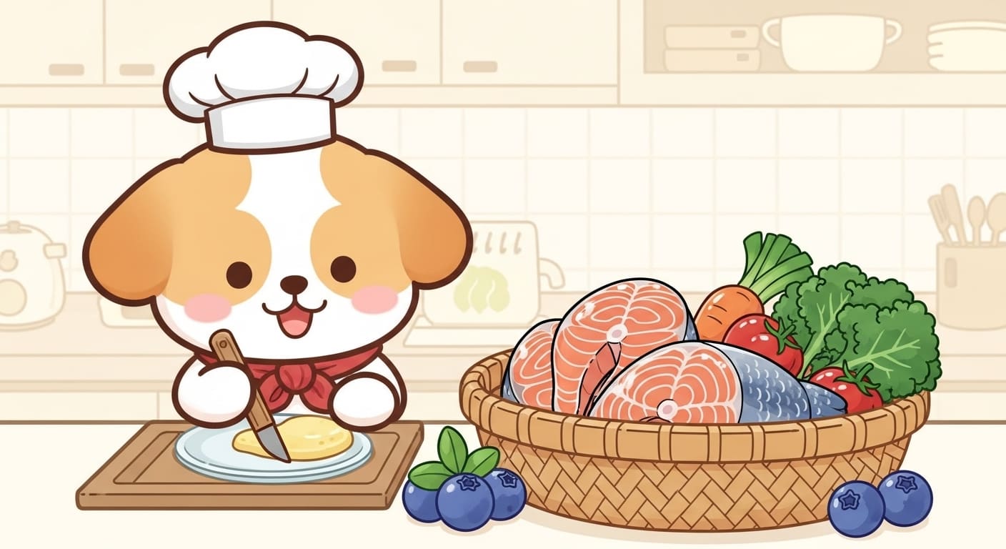 요리사-모자를-쓰고-신선한-재료로-사료를-만드는-강아지-캐릭터