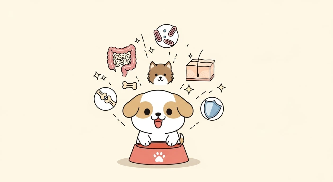 건강-아이콘들에-둘러싸여-행복해하는-강아지-캐릭터