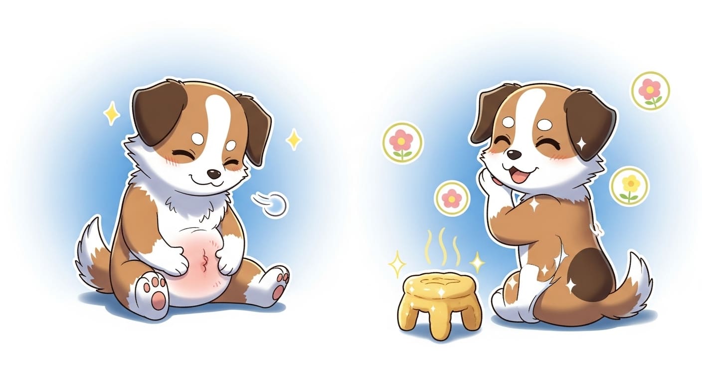 사료를-먹고-자신의-배를-쓰다듬으며-만족하는-강아지-캐릭터