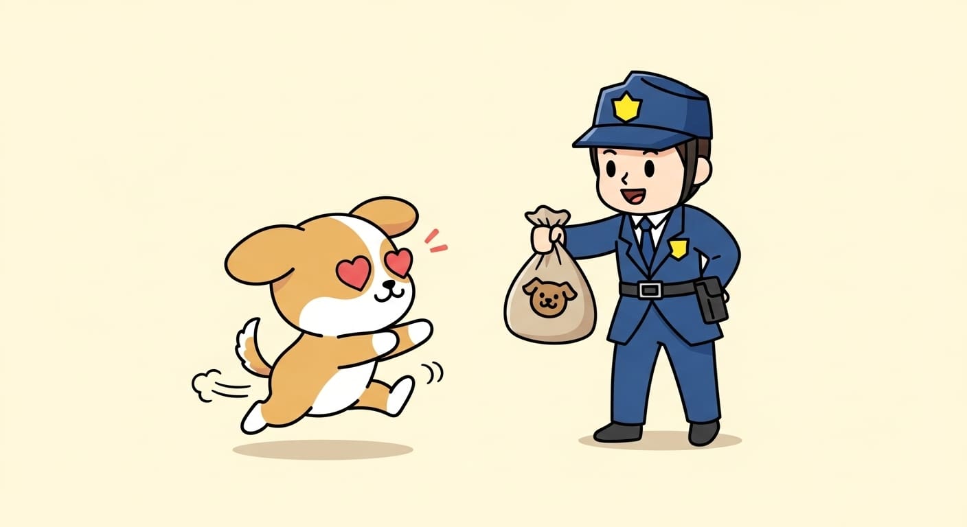 사료-봉지를-든-보호자에게-두-발로-달려드는-강아지-캐릭터