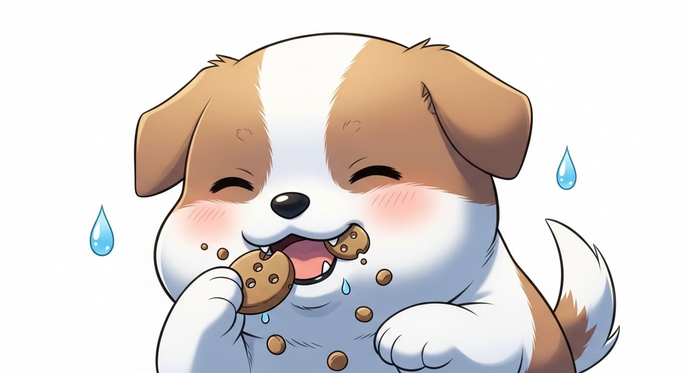 사료를-맛있게-씹으며-소화-효소를-상징하는-물방울-아이콘이-떠다니는-행복한-강아지-캐릭터