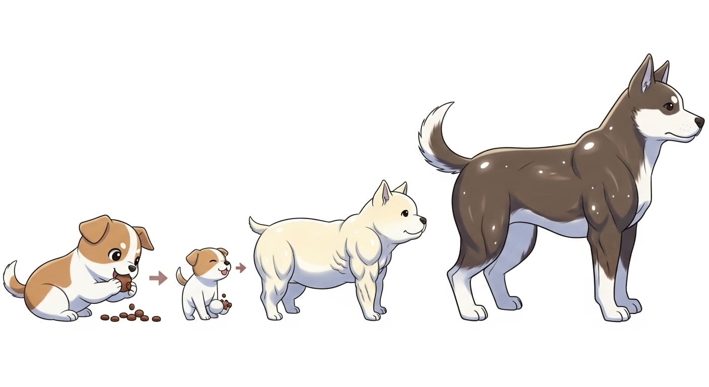사료를-먹으며-점차-성장하고-튼튼해지는-어린-강아지-캐릭터