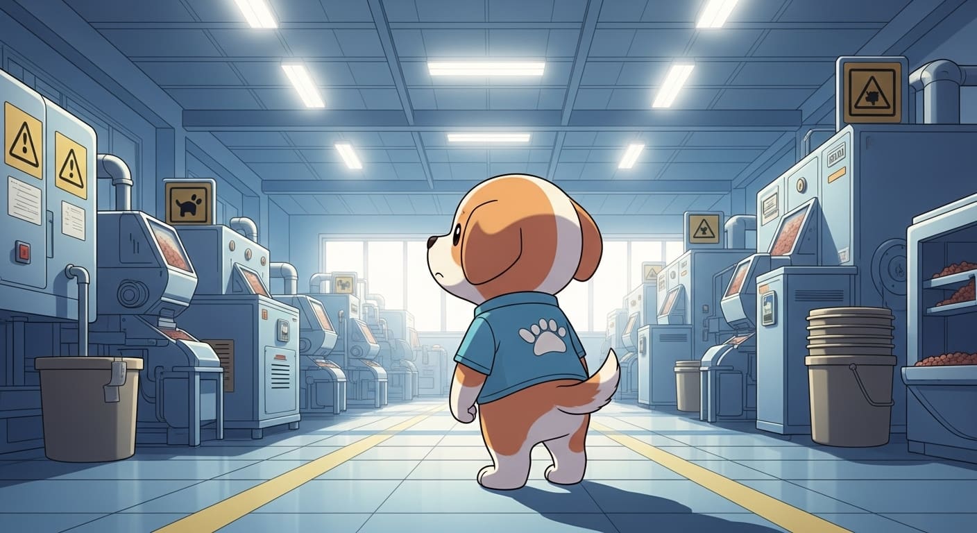 밝고-깨끗한-사료-생산-공장을-견학하는-어린-강아지-캐릭터