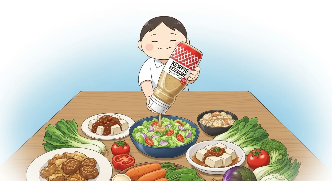 큐피-참깨-드레싱-병을-들고-평범한-식탁을-바라보는-캐릭터