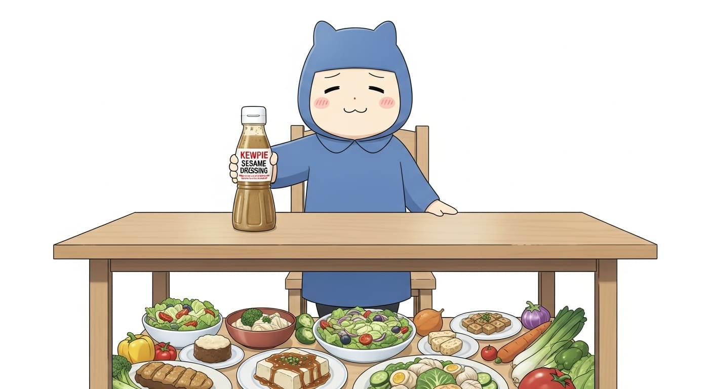 드레싱을-놓자마자-풍성하고-활기찬-요리들로-가득-찬-식탁을-보는-캐릭터