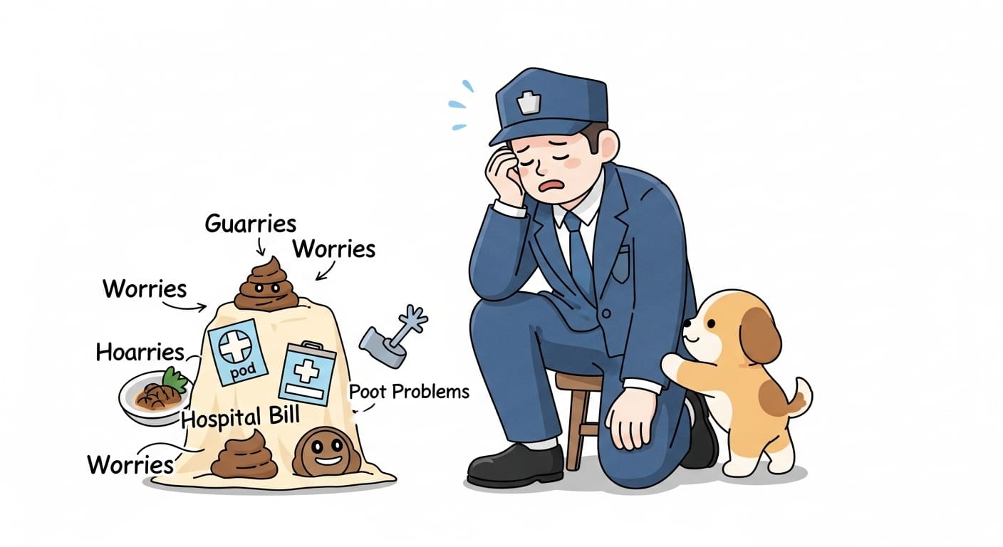 사료-걱정이-담긴-무거운-짐을-내려놓고-후련해하는-보호자-캐릭터