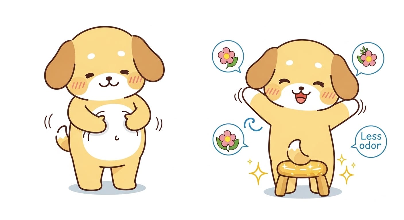 밥을-먹고-자신의-배를-만족스럽게-쓰다듬는-강아지-캐릭터