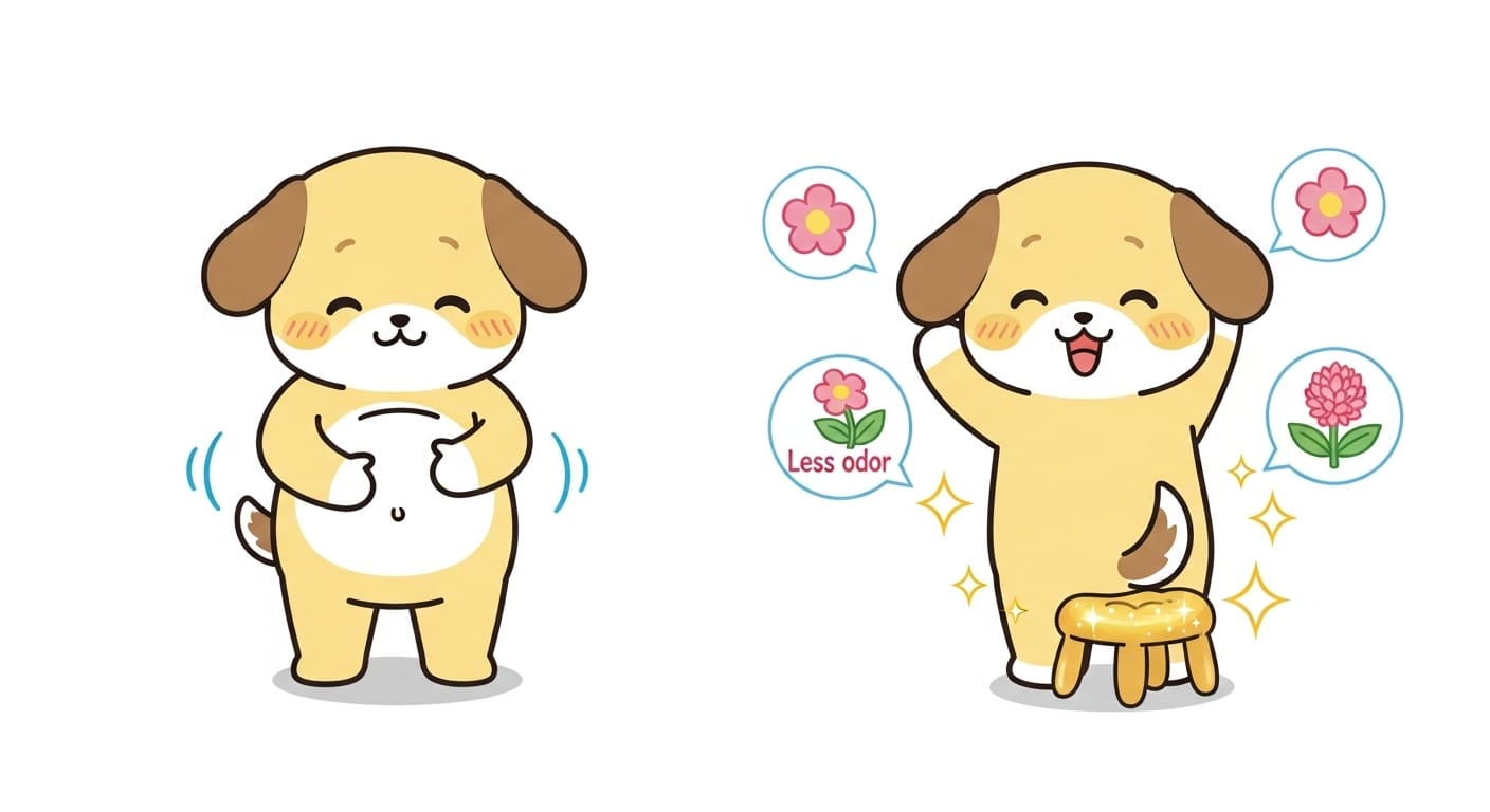 반짝이는-황금색-변을-보고-뿌듯해하는-강아지와-주변의-꽃향기-아이콘