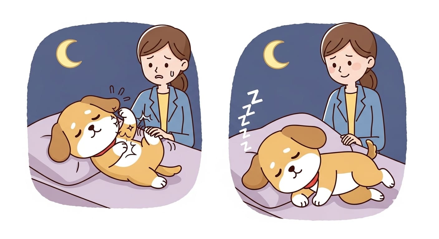 밤새-몸을-긁적이며-힘들어하는-강아지-캐릭터와-걱정하는-보호자