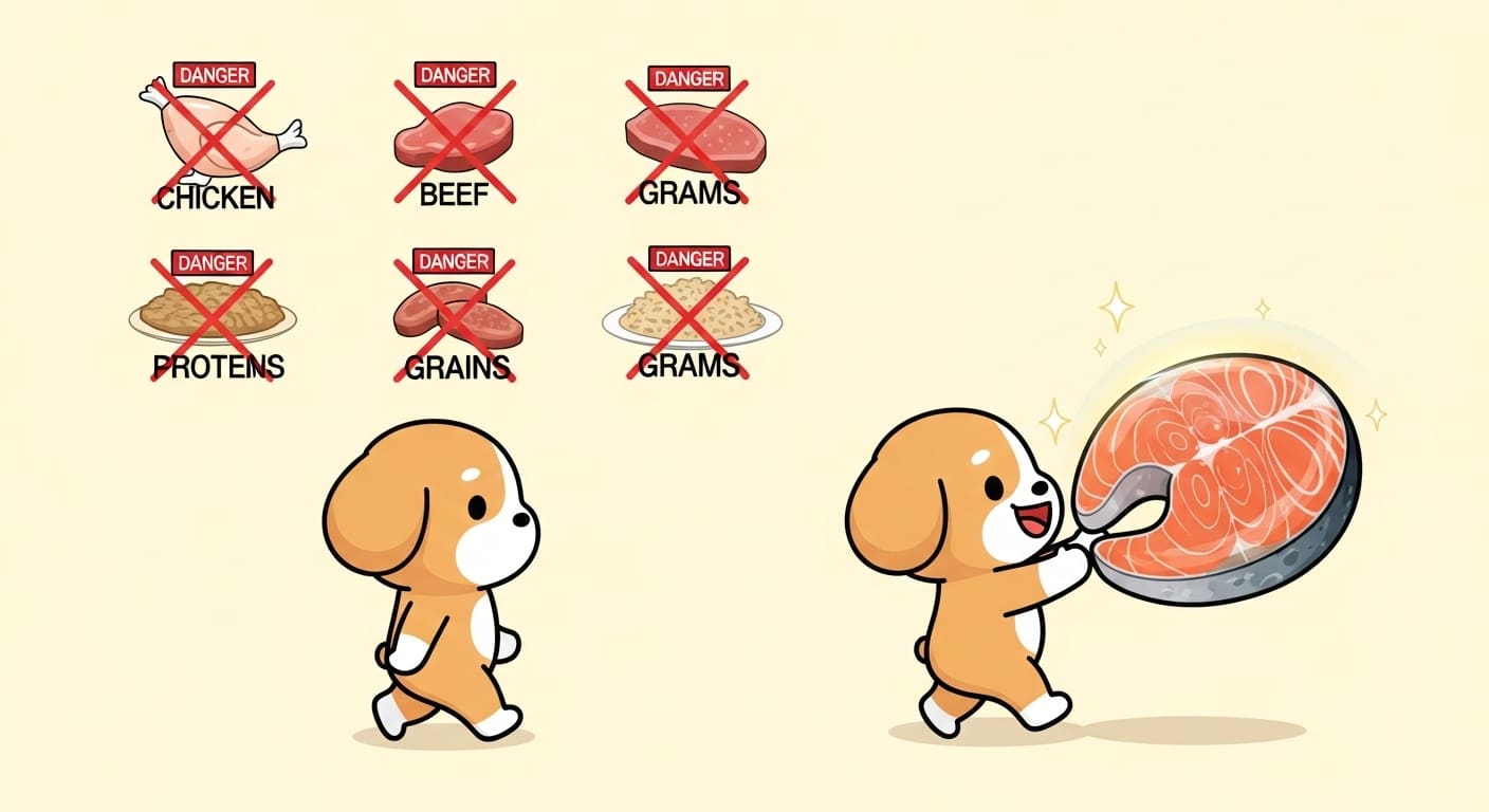 닭고기-소고기-곡물-등-알러지-유발-원료를-피하는-강아지-캐릭터