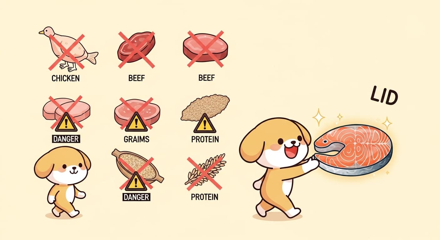 반짝이는-연어-모양-단일-단백질만-선택하여-맛있게-먹는-강아지