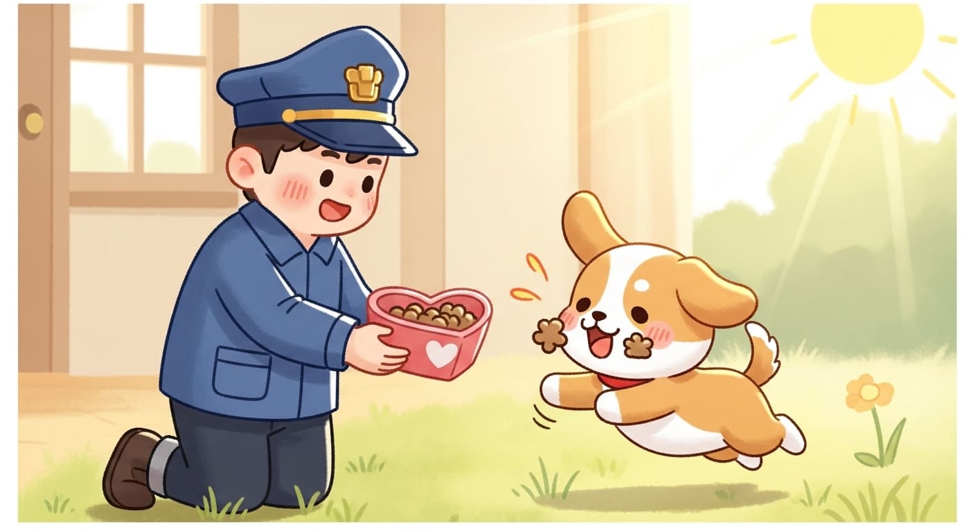 보호자-캐릭터가-강아지에게-하트-모양-사료를-주는-모습